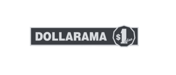Dollarama logo in grayscale with the word DOLLARAMA inside a rectangle and a hexagon showing $1 plus beside it.