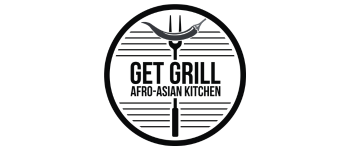 Logo for Get Grill Afro-Asian Kitchen featuring a stylized grill design with a skewer and a curved line resembling a flame or food item above the text.