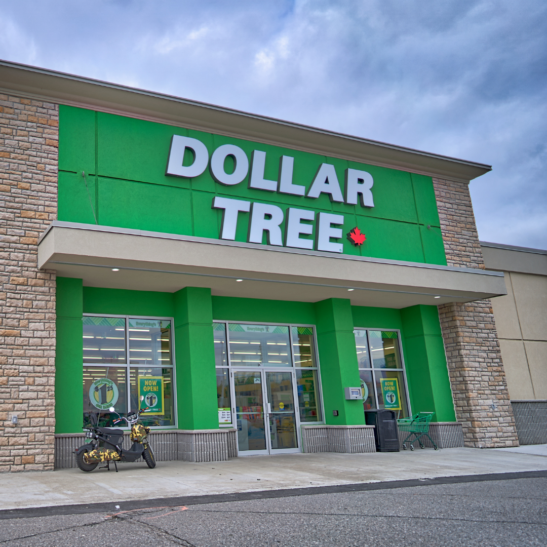 The image shows the exterior of a Dollar Tree store with a bright green facade, large Dollar Tree sign, and a Canadian maple leaf. Two shopping carts and a bicycle are near the entrance under a cloudy sky.