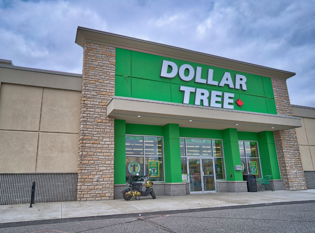 Front entrance of a Dollar Tree store with green signage, shopping carts near the door, a bicycle parked outside, and a mostly cloudy sky above.